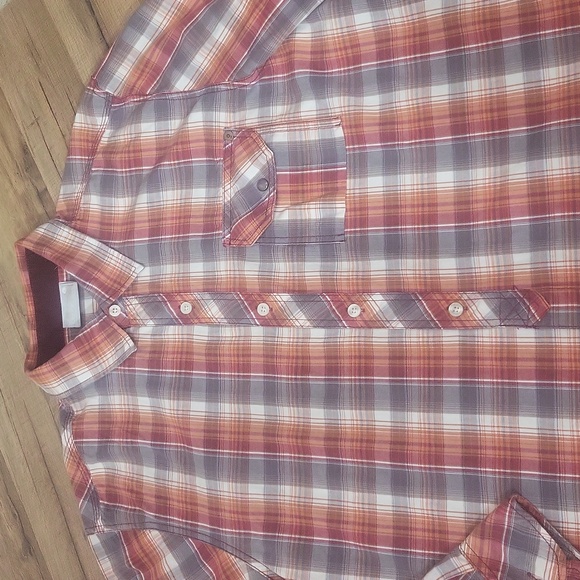 JEANSWEST Orange Red Gray Plaid Pearl Snap Pocket Roll-Tab Western Shirt - Picture 7 of 15